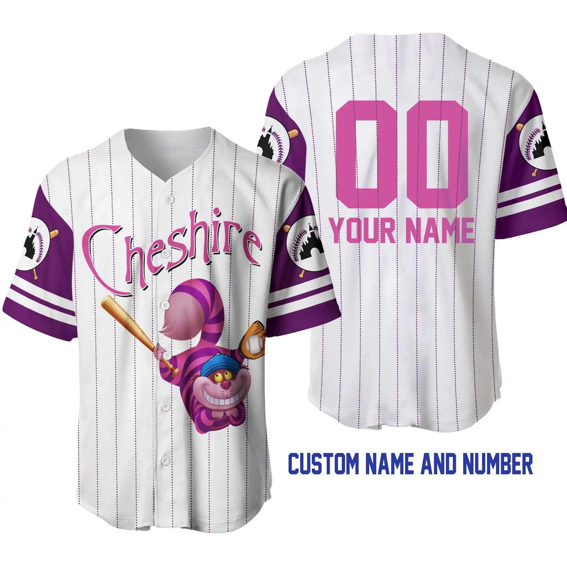 Cheshire Cat White Pink Purple Disney Unisex Cartoon Graphic Casual Outfits Custom Personalized Men Women Baseball Jersey