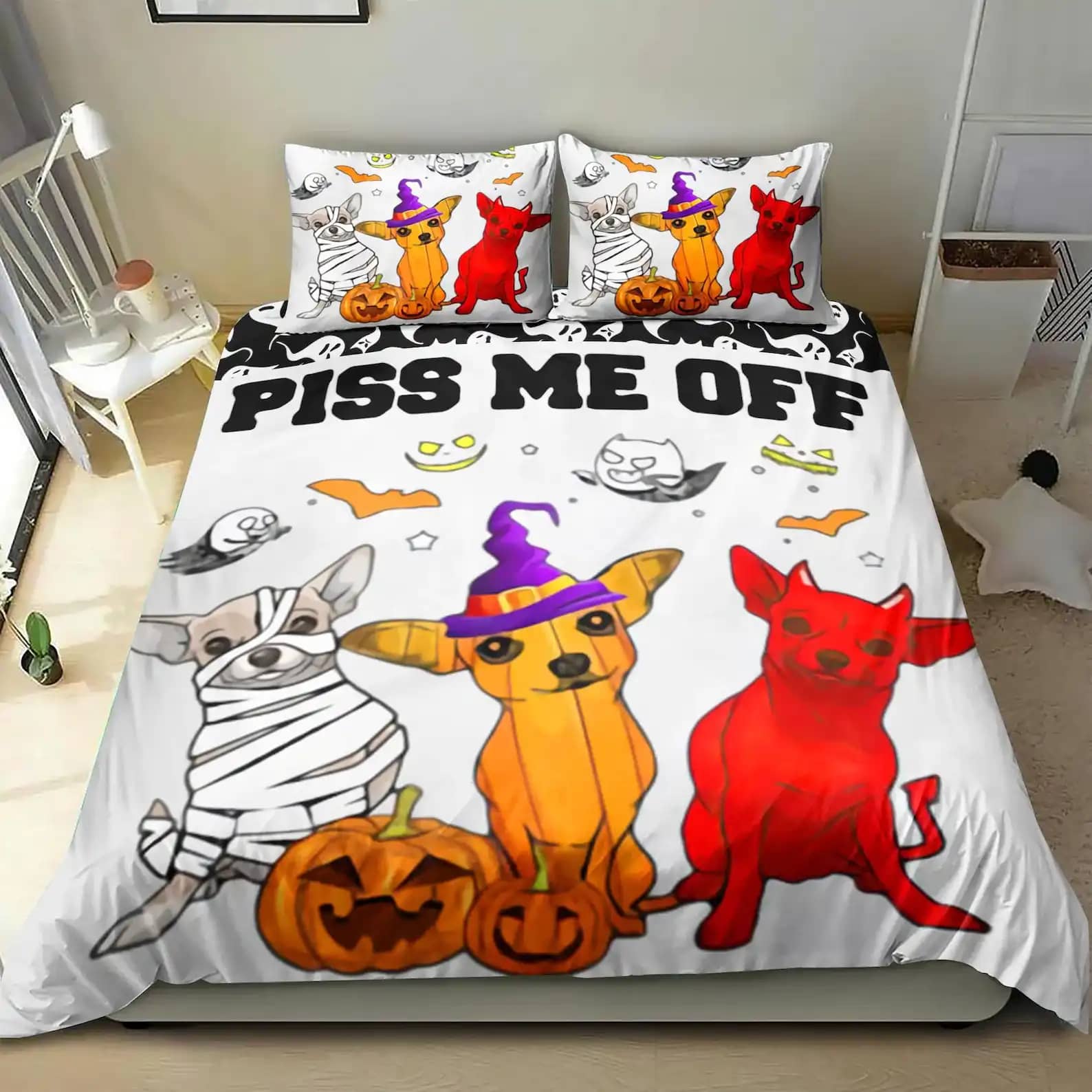 Chihuahua With Pumpkin Piss Me Off Halloween Decor Quilt Bedding Sets