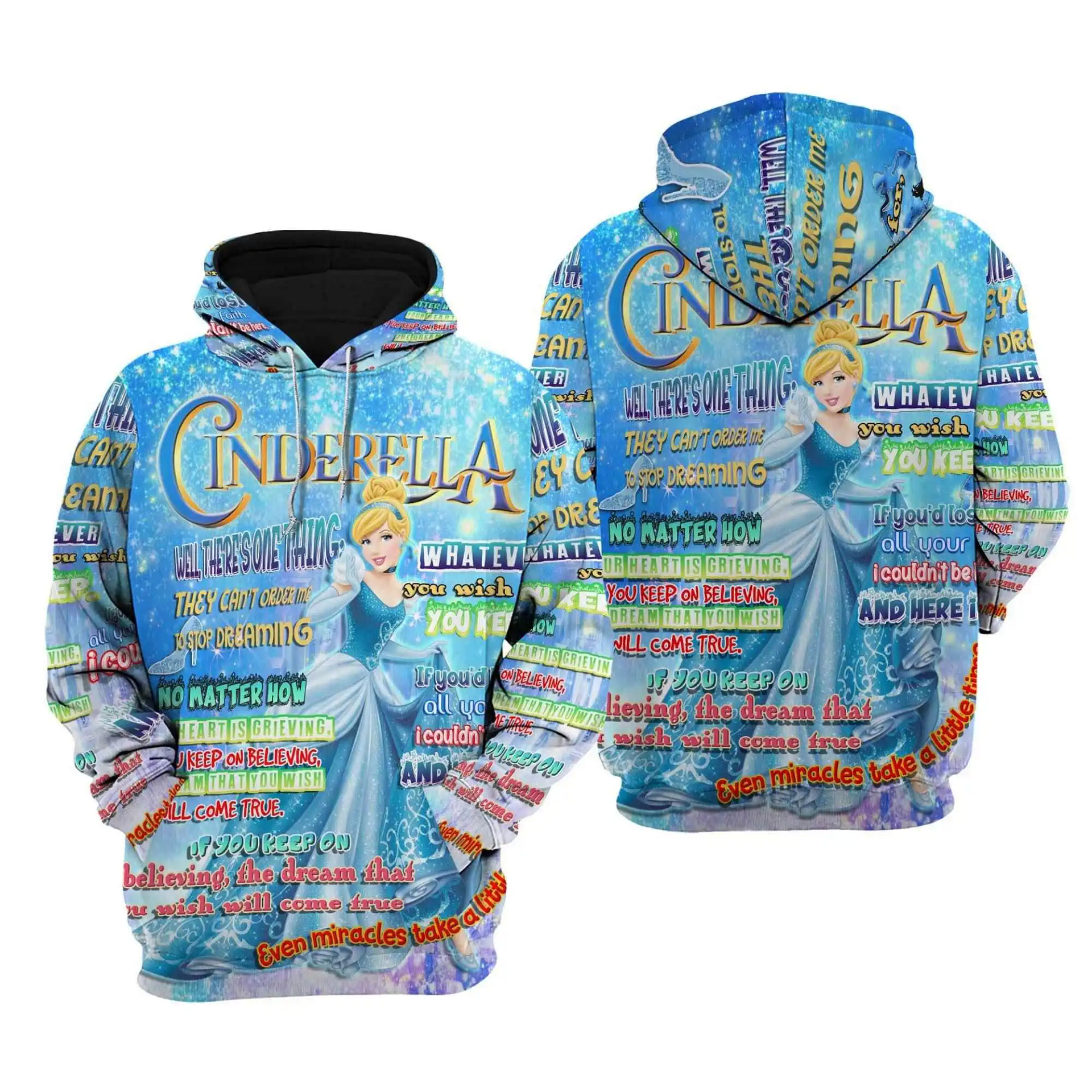 Cinderella Punk Words Pattern Disney Quotes Cartoon Graphic Outfits Clothing Men Women Kids Toddlers Hoodie 3D
