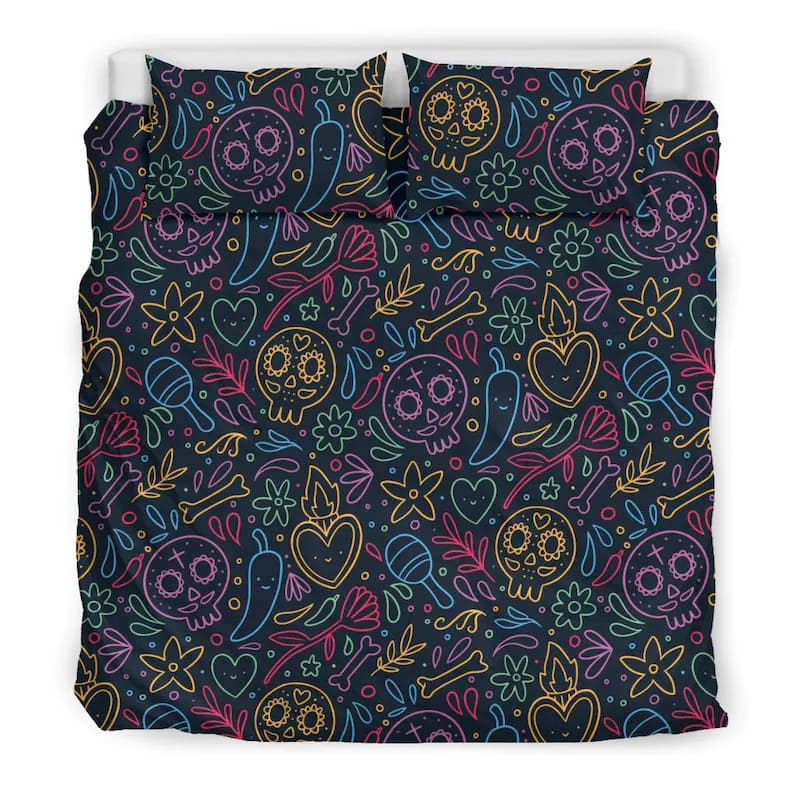 Inktee Store - Colorful Dia De Muertos Skulls And Heart On Black Quilt Bedding Sets Image