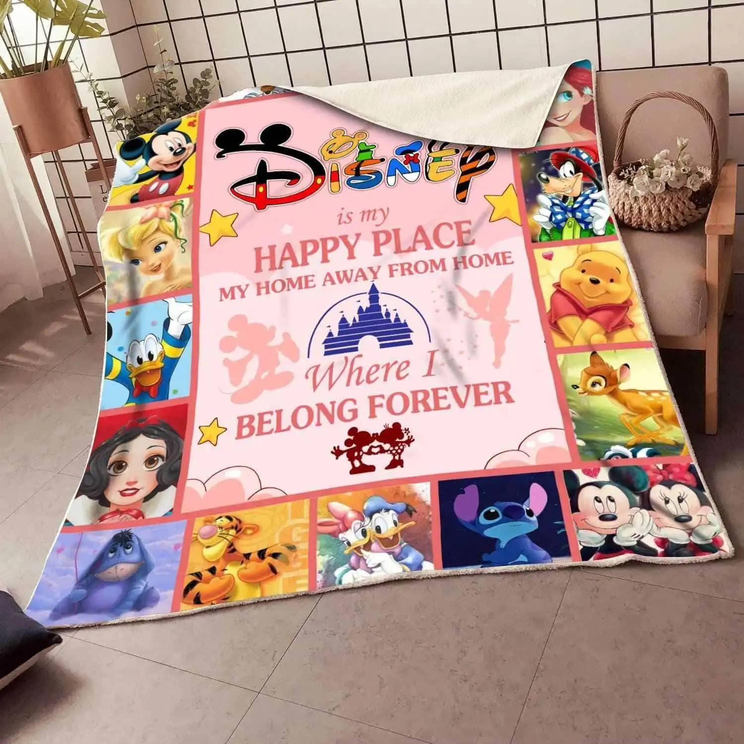 Colorful Disney Characters Quotes Happy Place Castle Soft Cozy Comfy Bedroom Livingroom Office Home Decoration Fleece Blanket