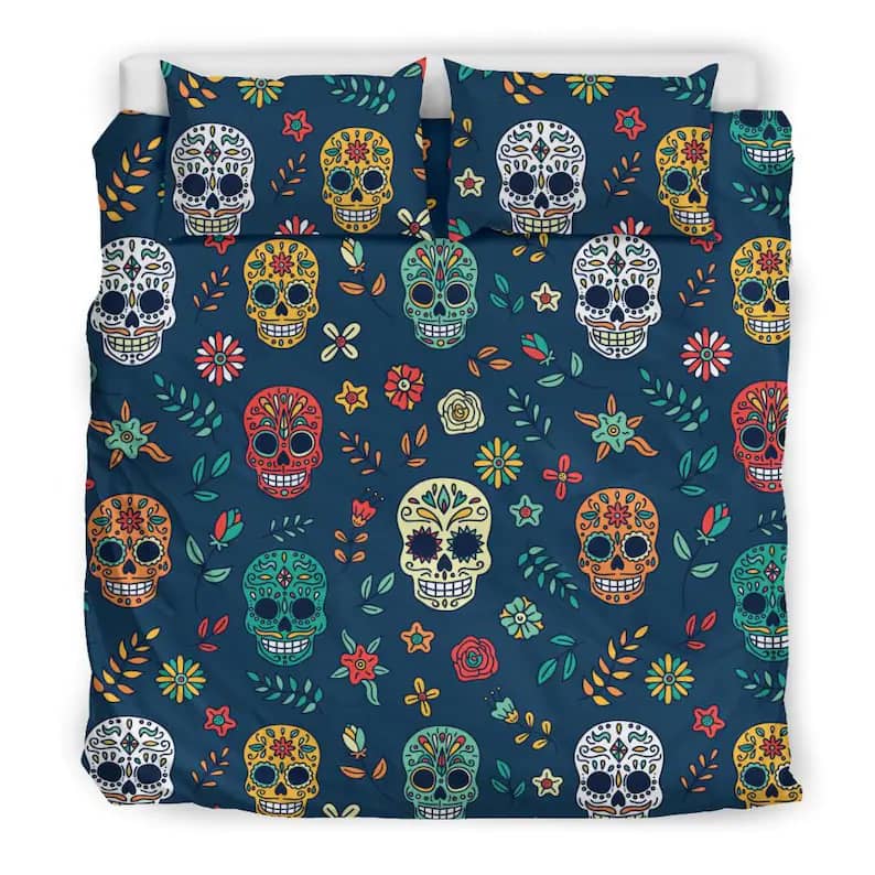 Inktee Store - Colourful And Joyful Dia De Muerto Skulls And Flowers Quilt Bedding Sets Image