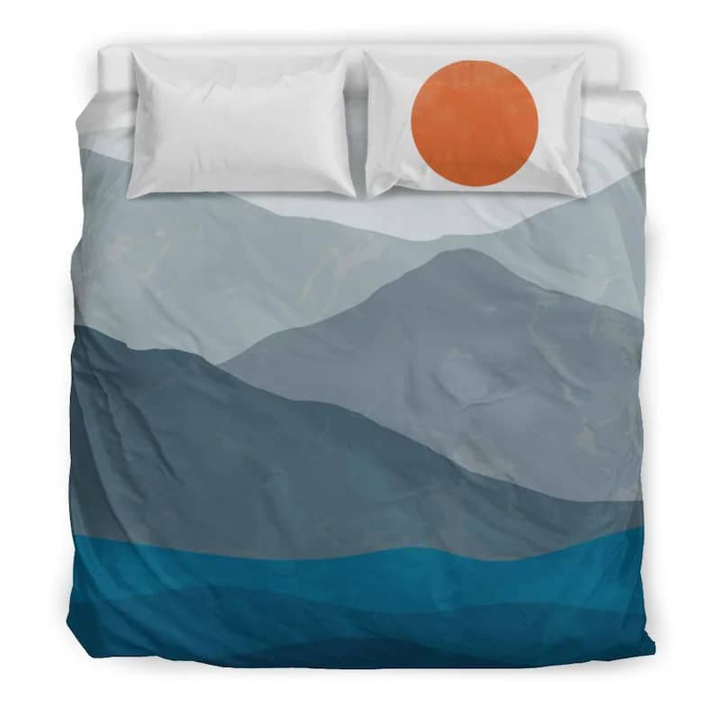 Inktee Store - Contemporary Blue Landscape Of The Ocean With High Mountain And Full Orange Sunset Quilt Bedding Sets Image