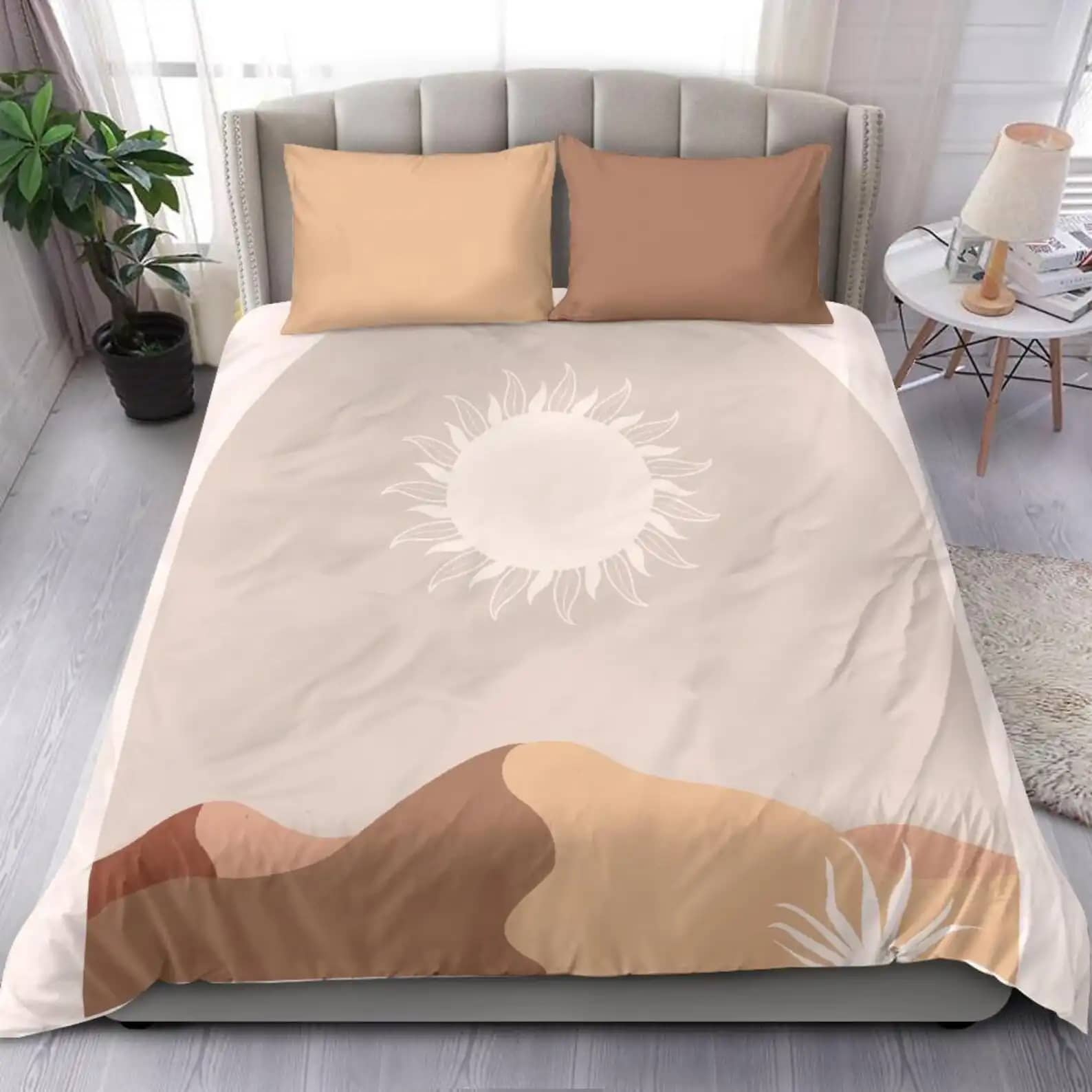 Contemporary Geometric Landscape With Natural Color Like Beige Grey And Brown Quilt Bedding Sets