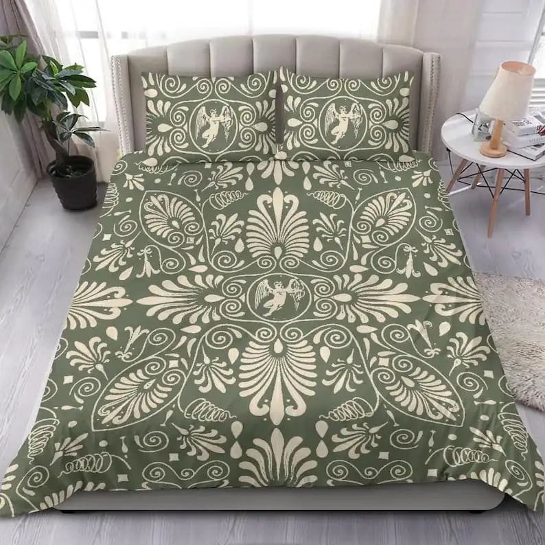 Contemporary Green Ornamental Floral Design Bed Set Fancy Vintage Bedroom Decor For Classy Room Quilt Bedding Sets