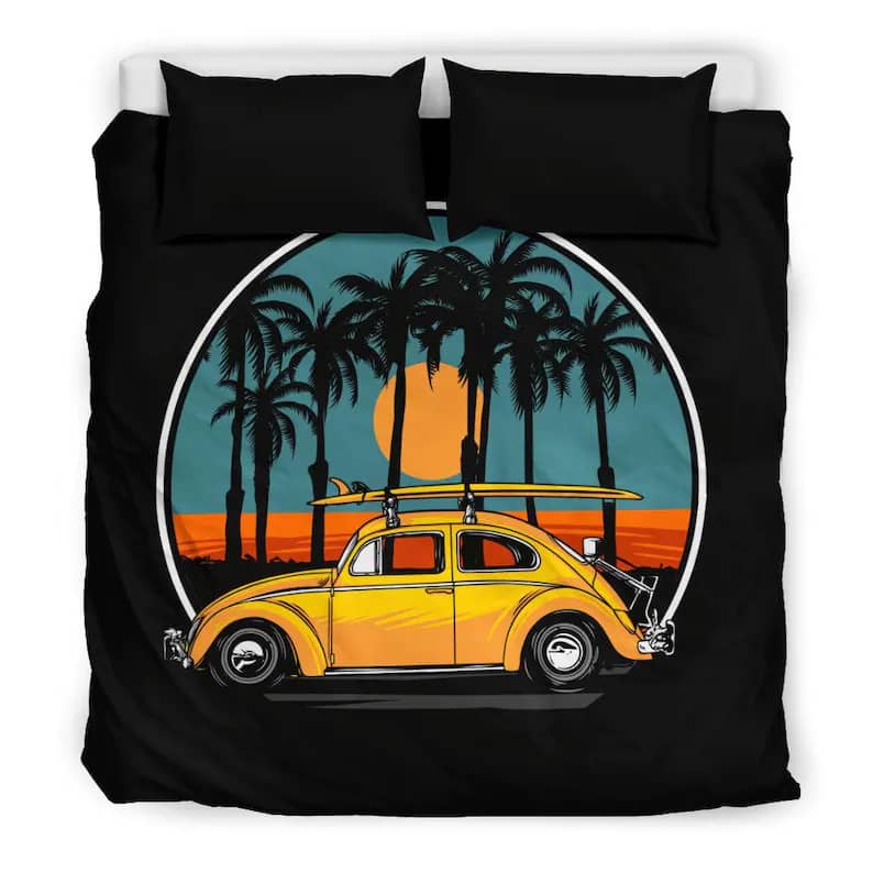 Inktee Store - Cool California Summer Style Bed Set Beetle Car With Nice Sunset Background Palm Tree And Surf Board Quilt Bedding Sets Image