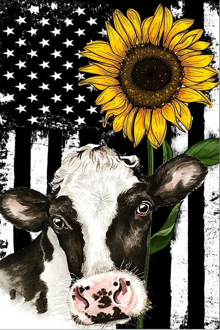 Cow Sunflower American Flag Poster
