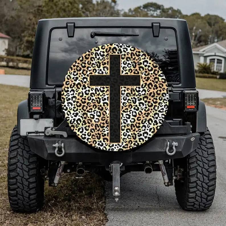 Cross With Leopard Skin Custom Tire Cover