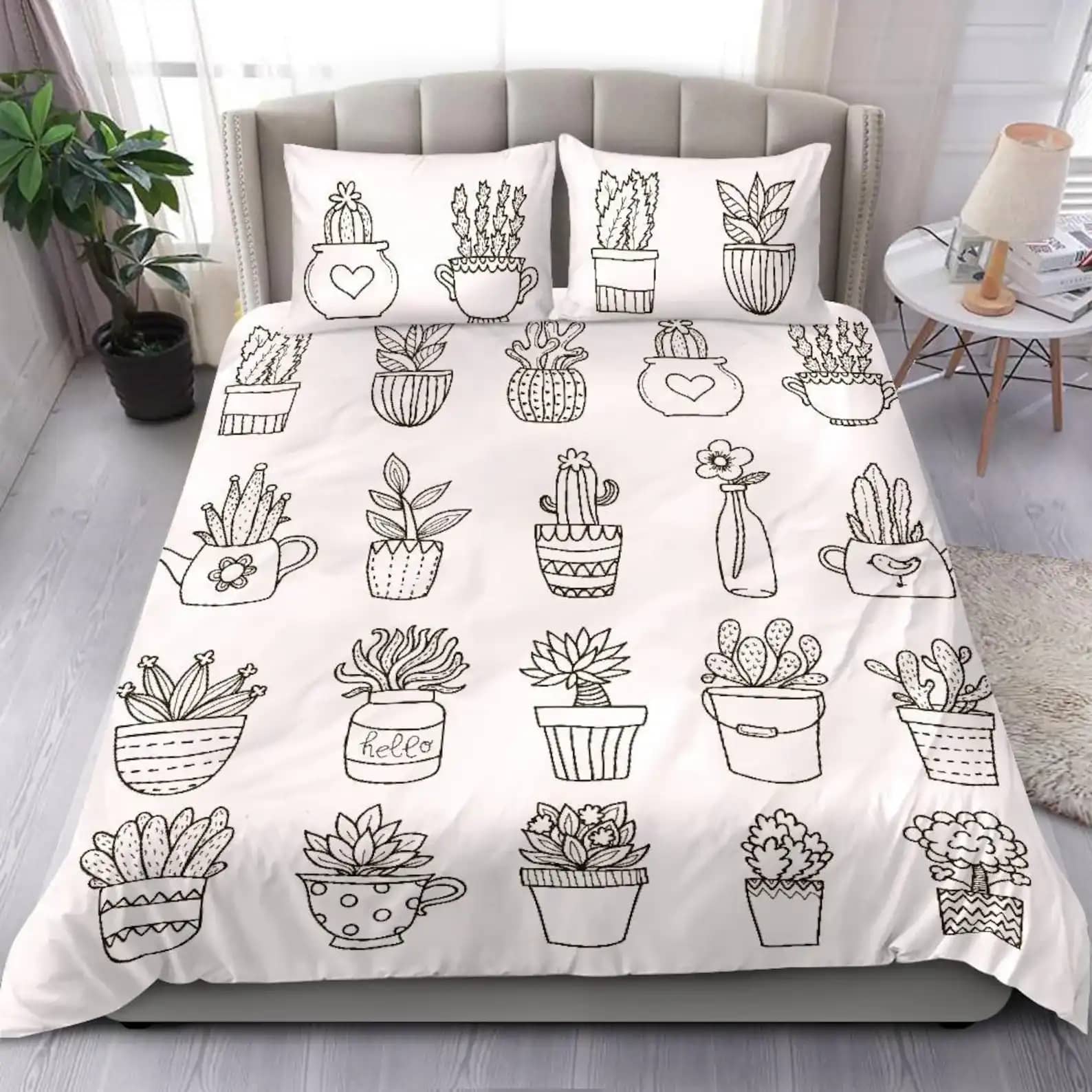 Custom Bed Set White Background With Black Plant Drawing Pretty Bedroom Decor Quilt Bedding Sets