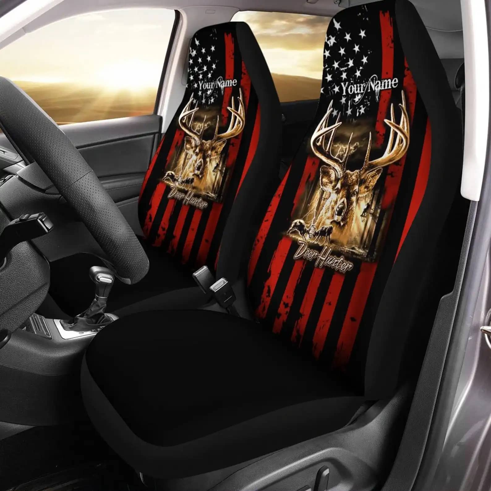 Custom Name Deer Hunting Deer Head American Flag Car Seat Covers