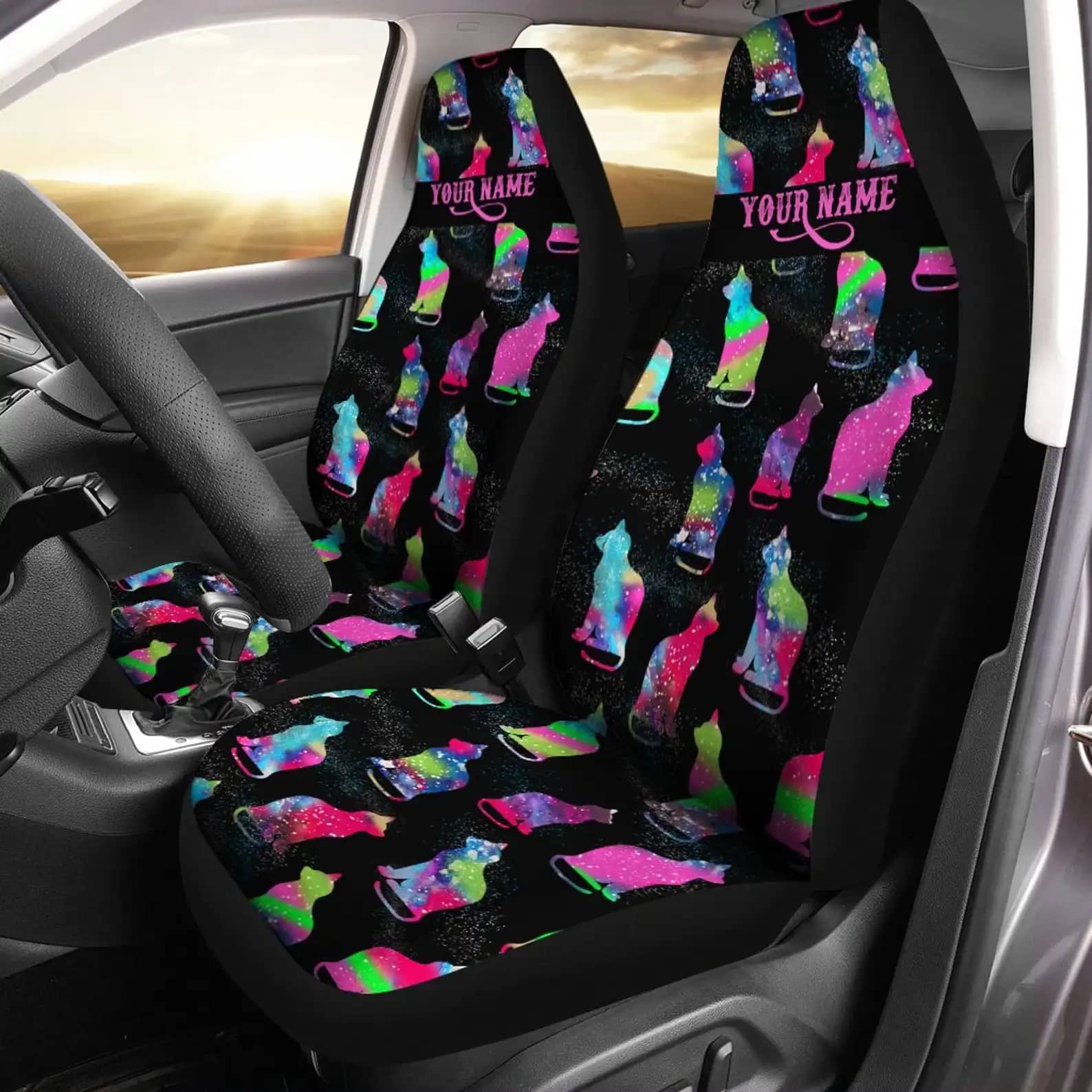 Custom Name Galaxy Rainbow Cats Car Seat Covers