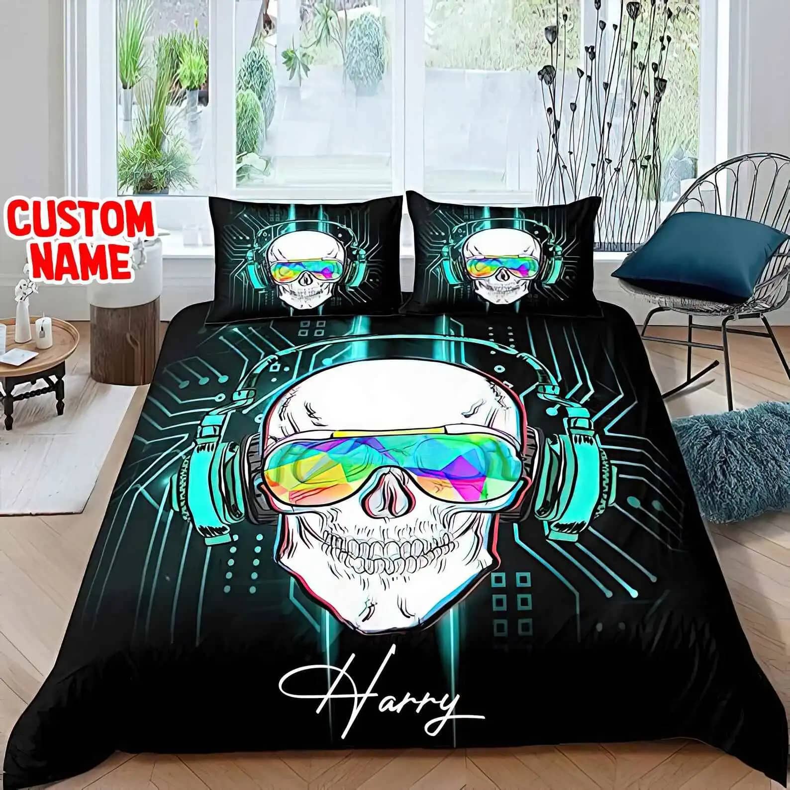 Custom Name Hippie Art Colorful Skull Quilt Bedding Sets