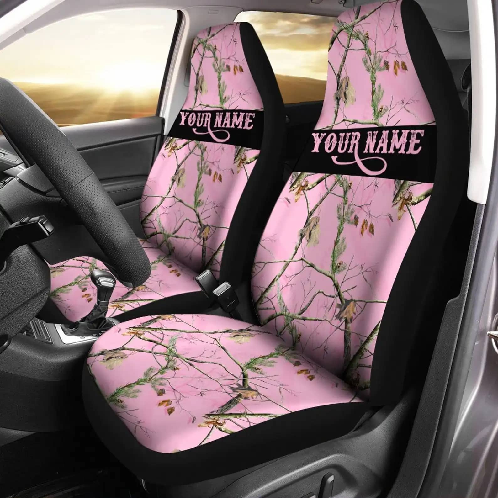 Custom Name Pink Tree Camo Car Seat Covers
