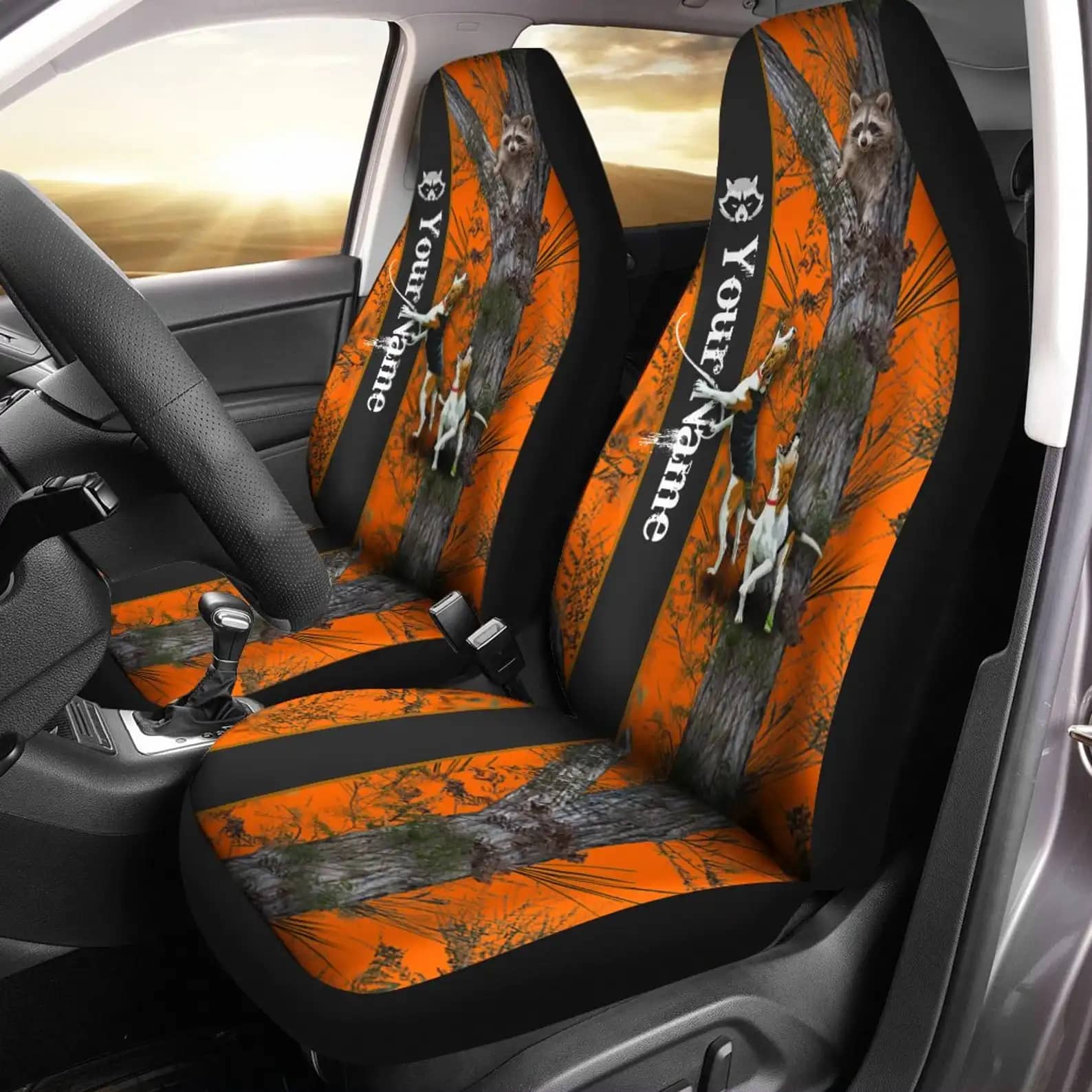 Custom Name Raccoon Hunting Coonhound Orange Car Seat Covers