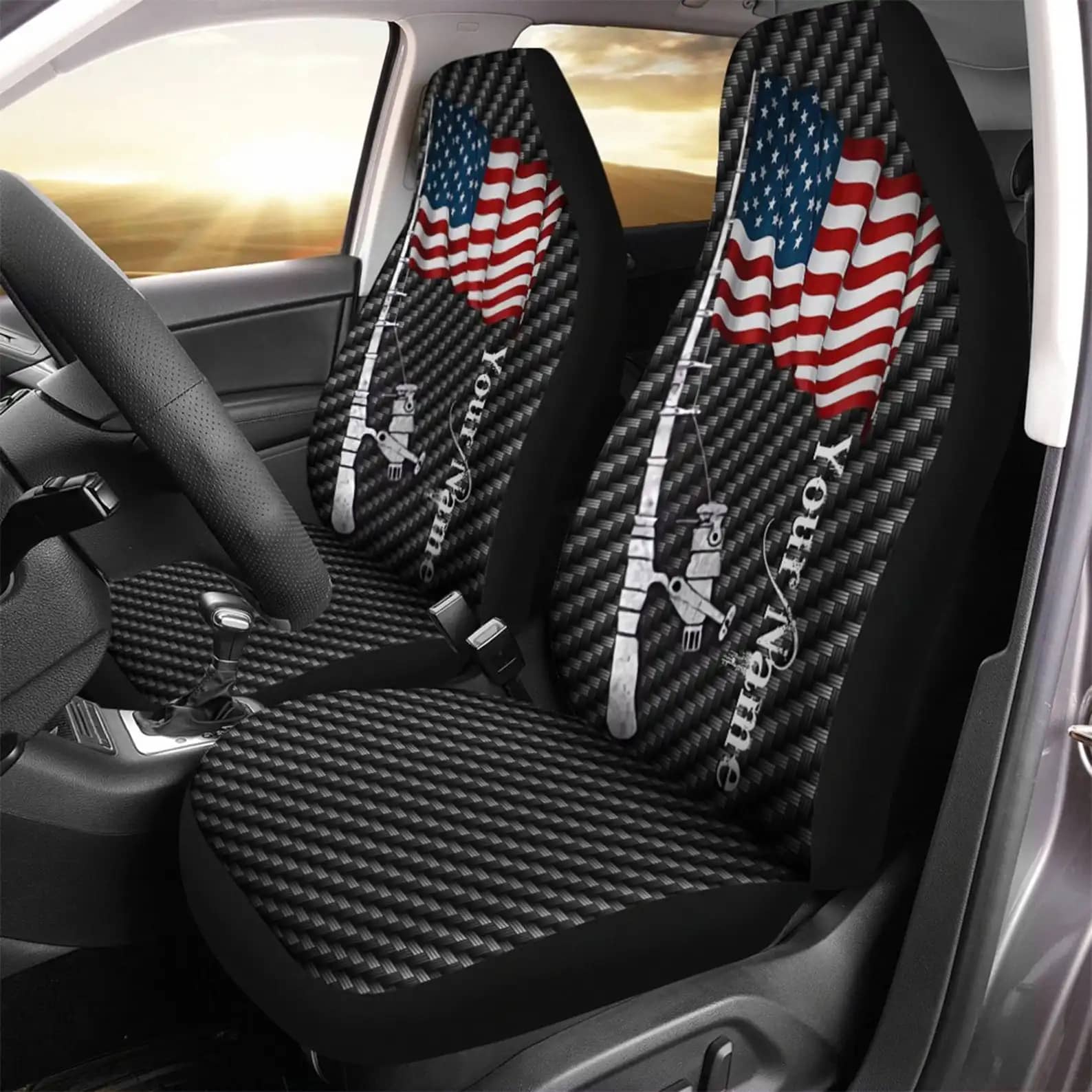 Custom Name Us Fishing Rod American Flag Car Seat Covers