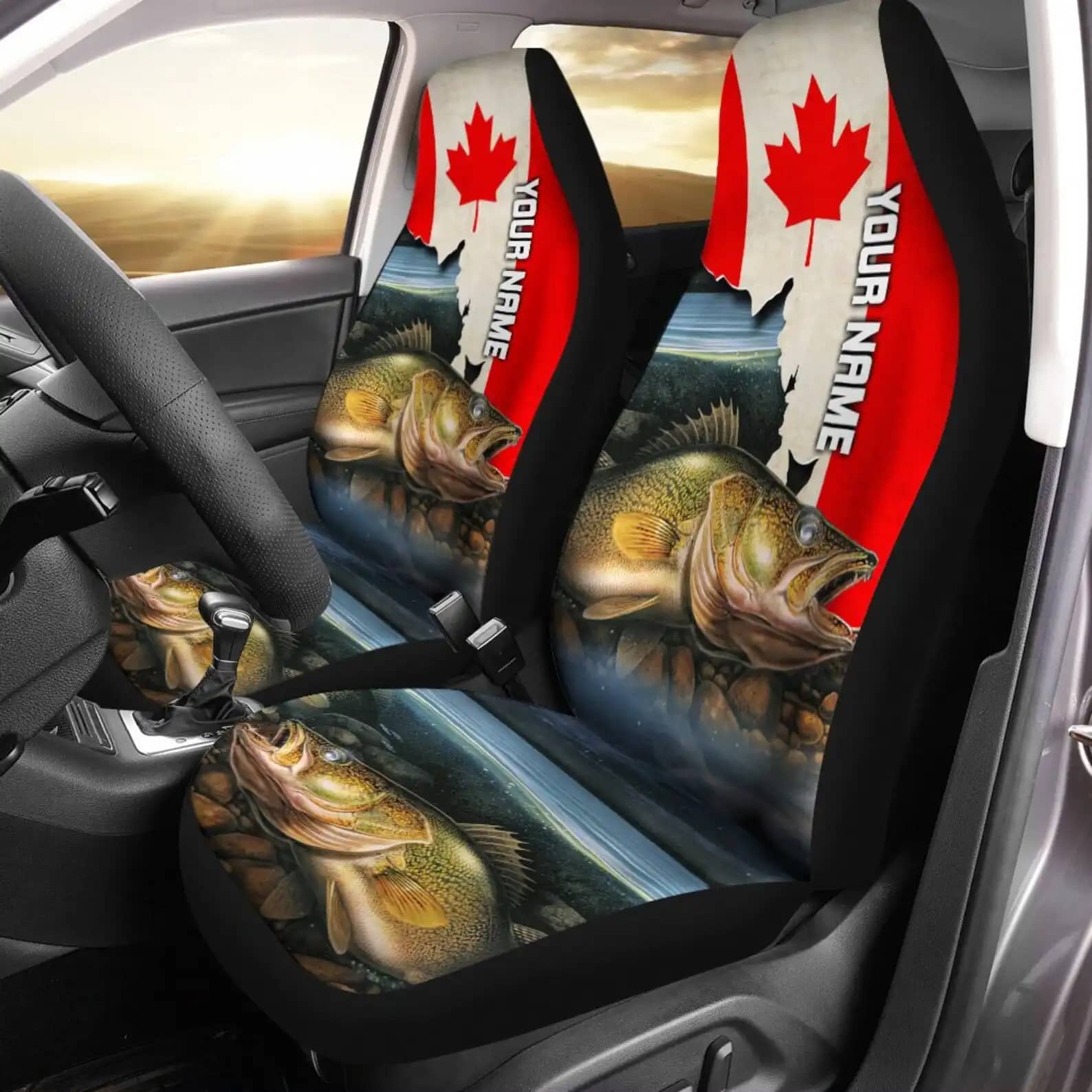 Custom Name Walleye Fishing Canada Flag Car Seat Covers