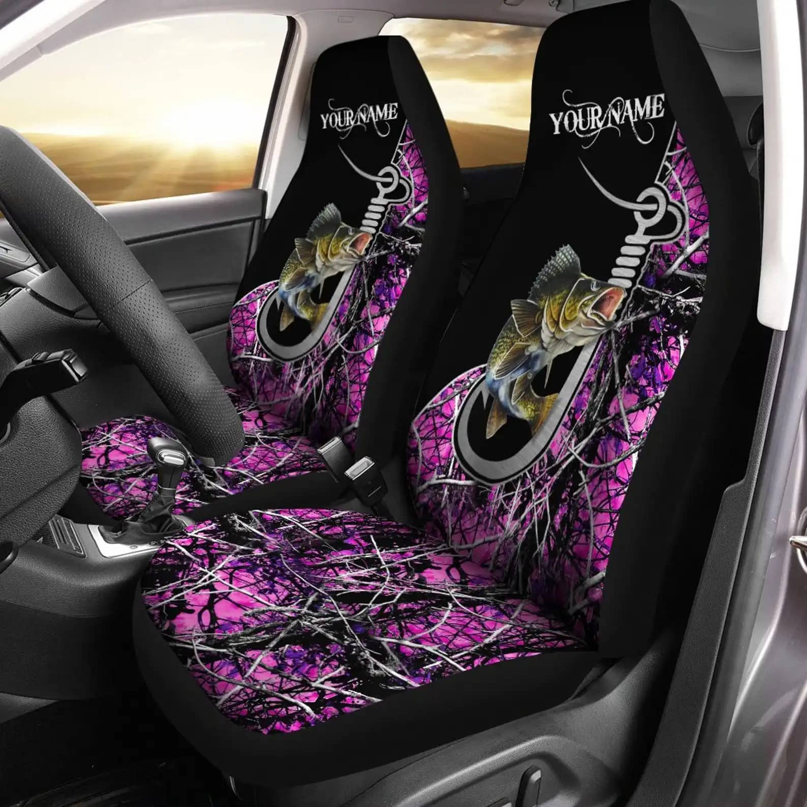 Custom Name Walleye Fishing Pink Muddy Camo Fish Hook Car Seat Covers