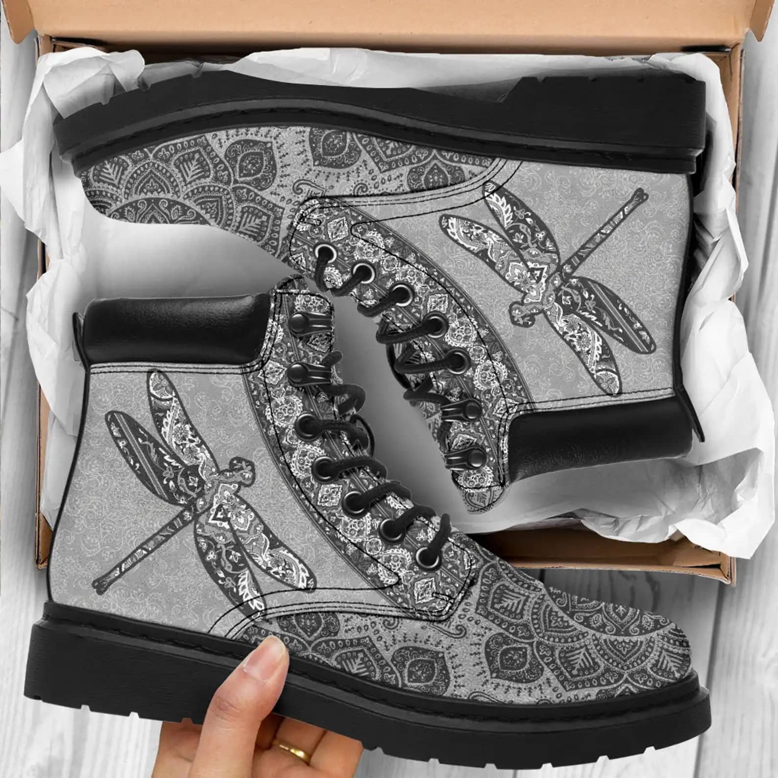 Custom Pattern Art Dragonfly Mandala Grey Style All Season Boot
