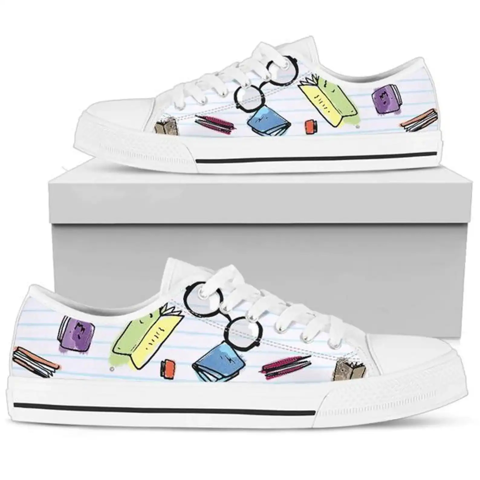 Custom Shoes Book Glasses School Icon Low Top Sneakers