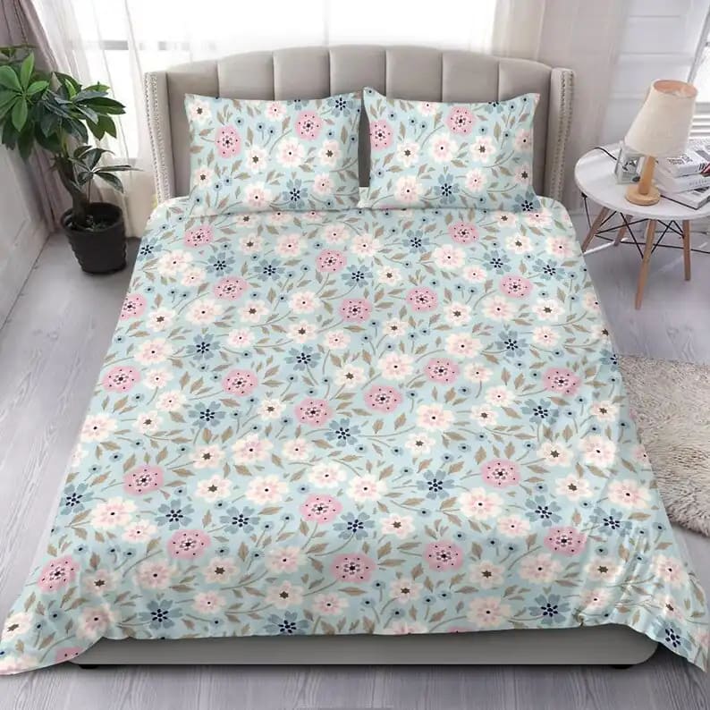 Cute Baby Blue And Pink Flower Field Soft And Comfortable Quilt Bedding Sets
