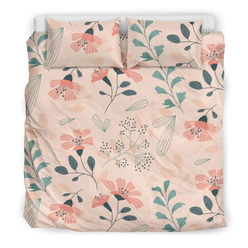 Inktee Store - Cute Peach Tone And Green Flower Vine Design Quilt Bedding Sets Image