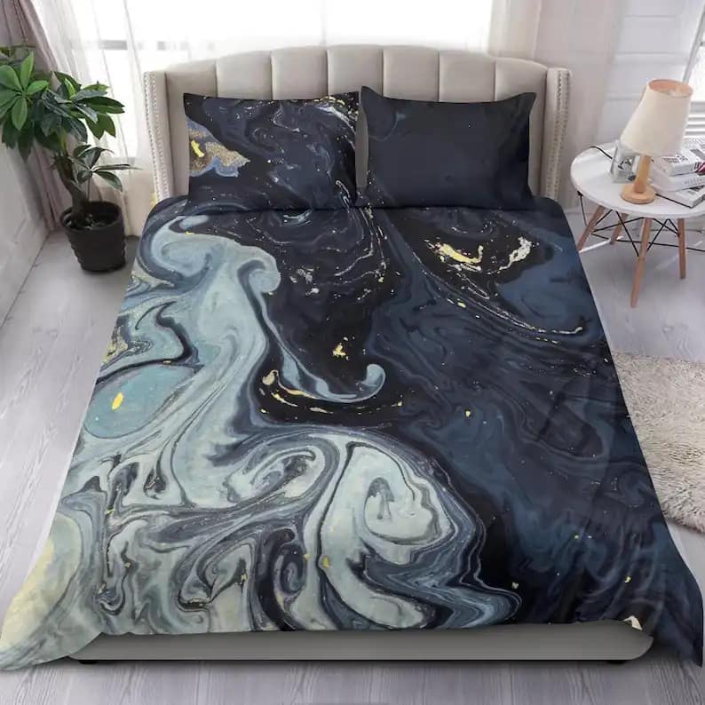 Design For The Sweetest Dreams Abstract Blue And Gold Fluid Artistic Quilt Bedding Sets
