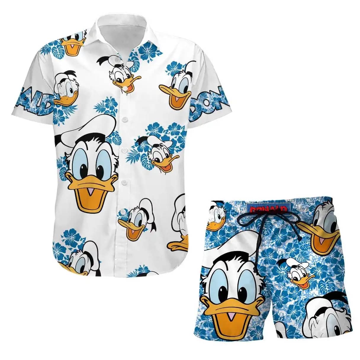 Donald Duck Hibiscus Disney Summer Tropical Print Vacation Shorts Set Unisex Cartoon Graphic Outfits Men Women Hawaiian shirts
