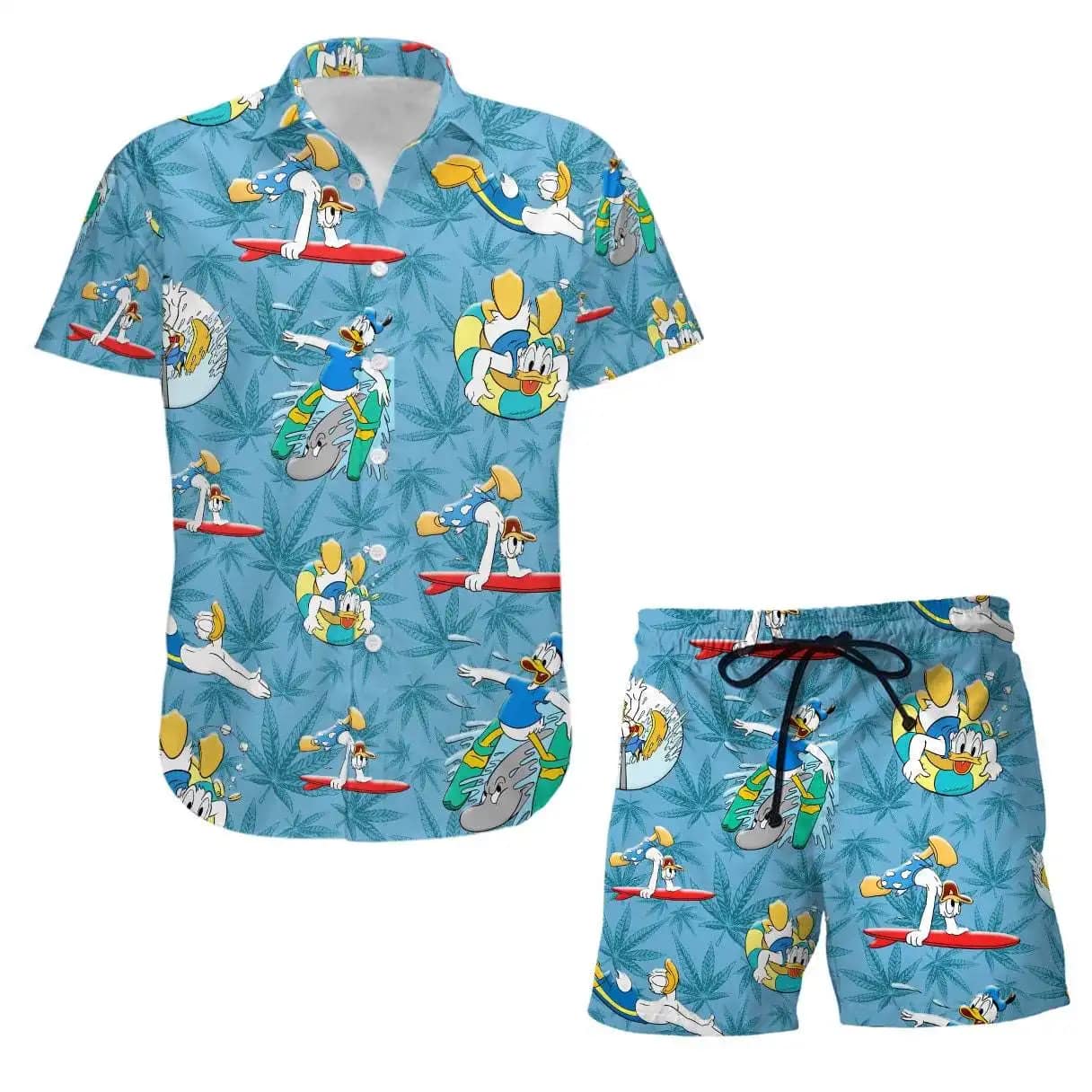 Donald Duck Swimming Disney Summer Tropical Print Vacation Shorts Set Unisex Cartoon Graphic Outfits Men Women Hawaiian shirts