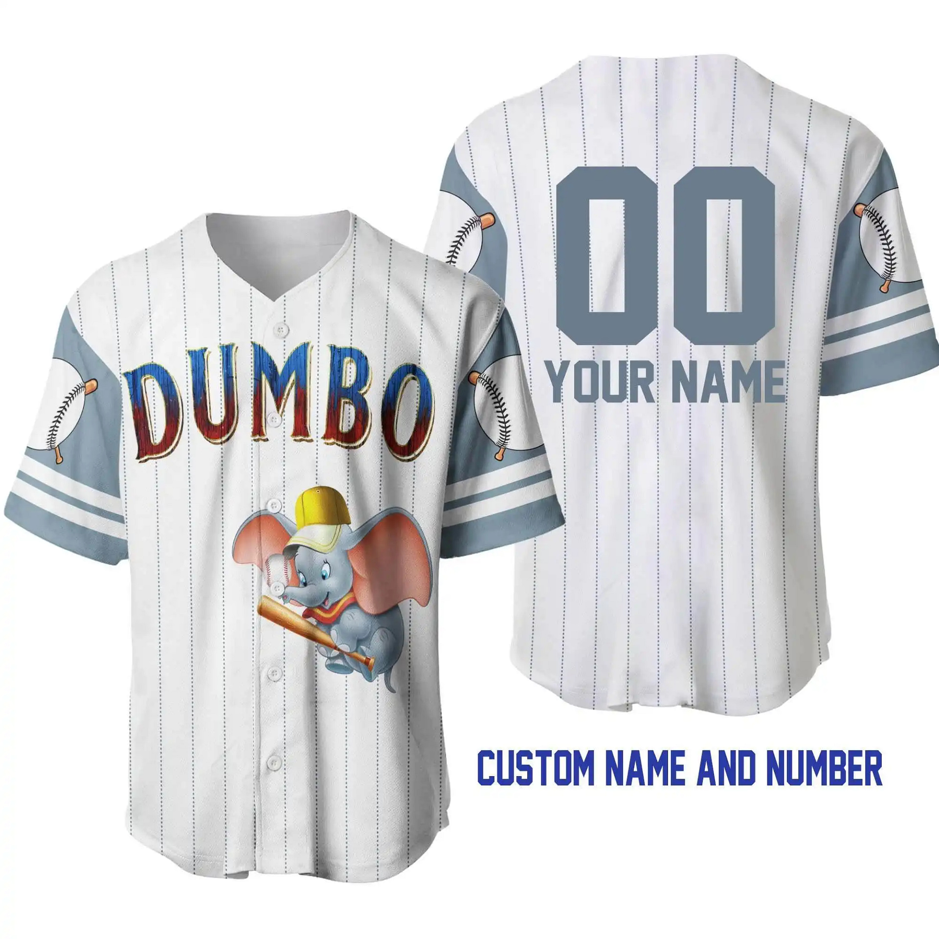 Dumbo Elephant White Light Grey Disney Unisex Cartoon Graphic Casual Outfits Custom Personalized Men Women Baseball Jersey