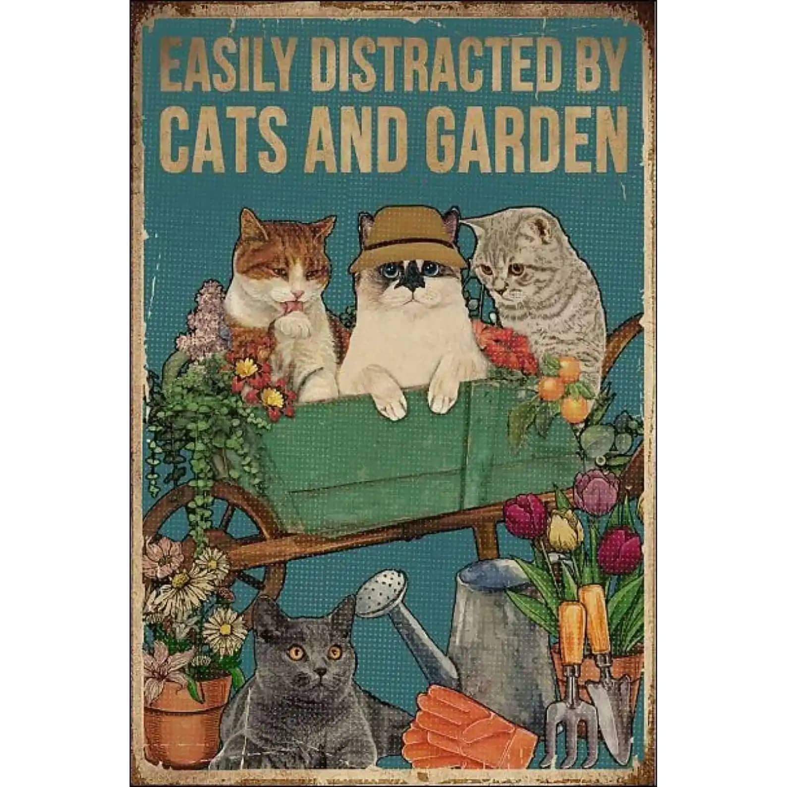 Easily Distracted By Cats And Garden Personalized Metal Sign