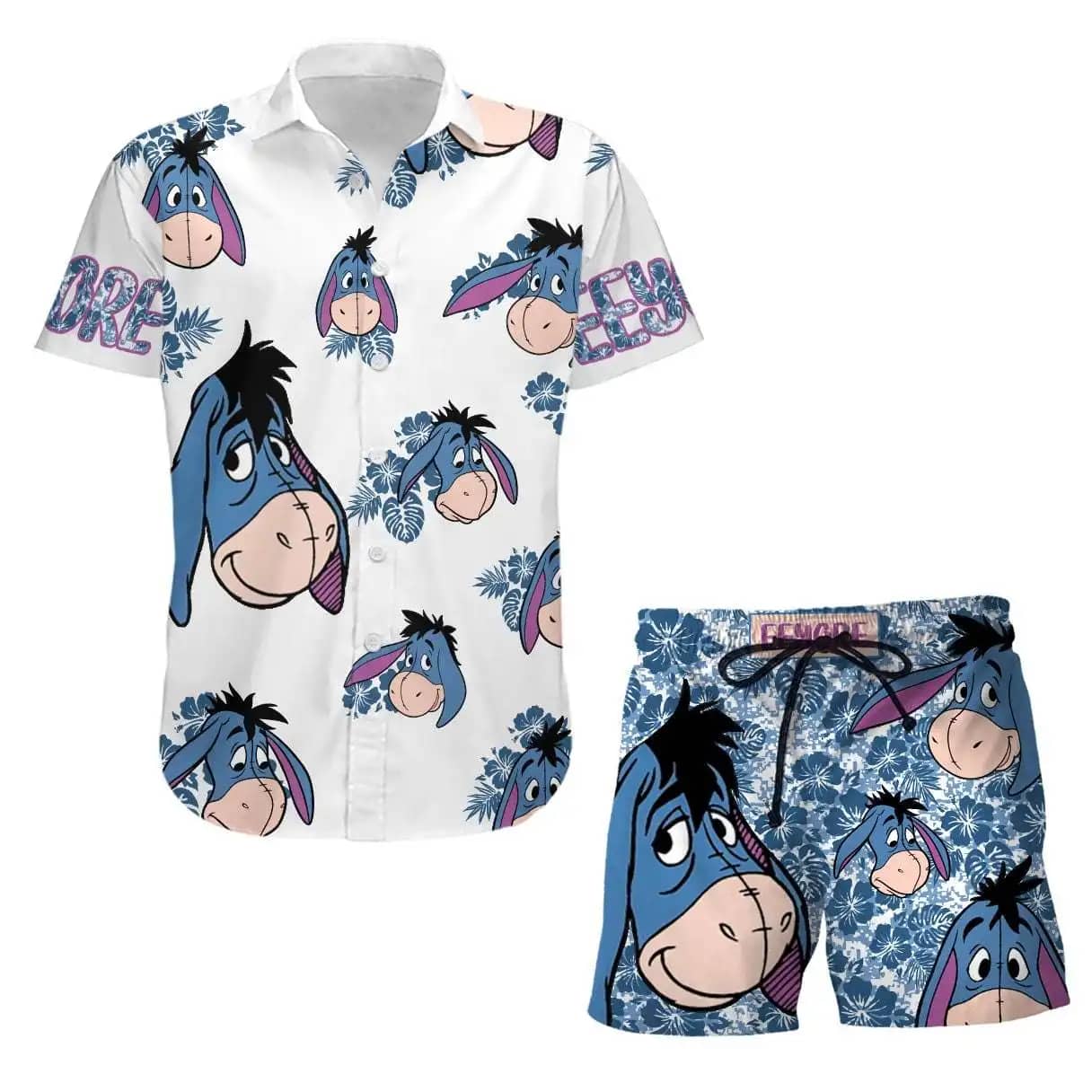 Eeyore Donkey Hibiscus Disney Summer Tropical Print Vacation Shorts Set Unisex Cartoon Graphic Outfits Men Women Hawaiian shirts