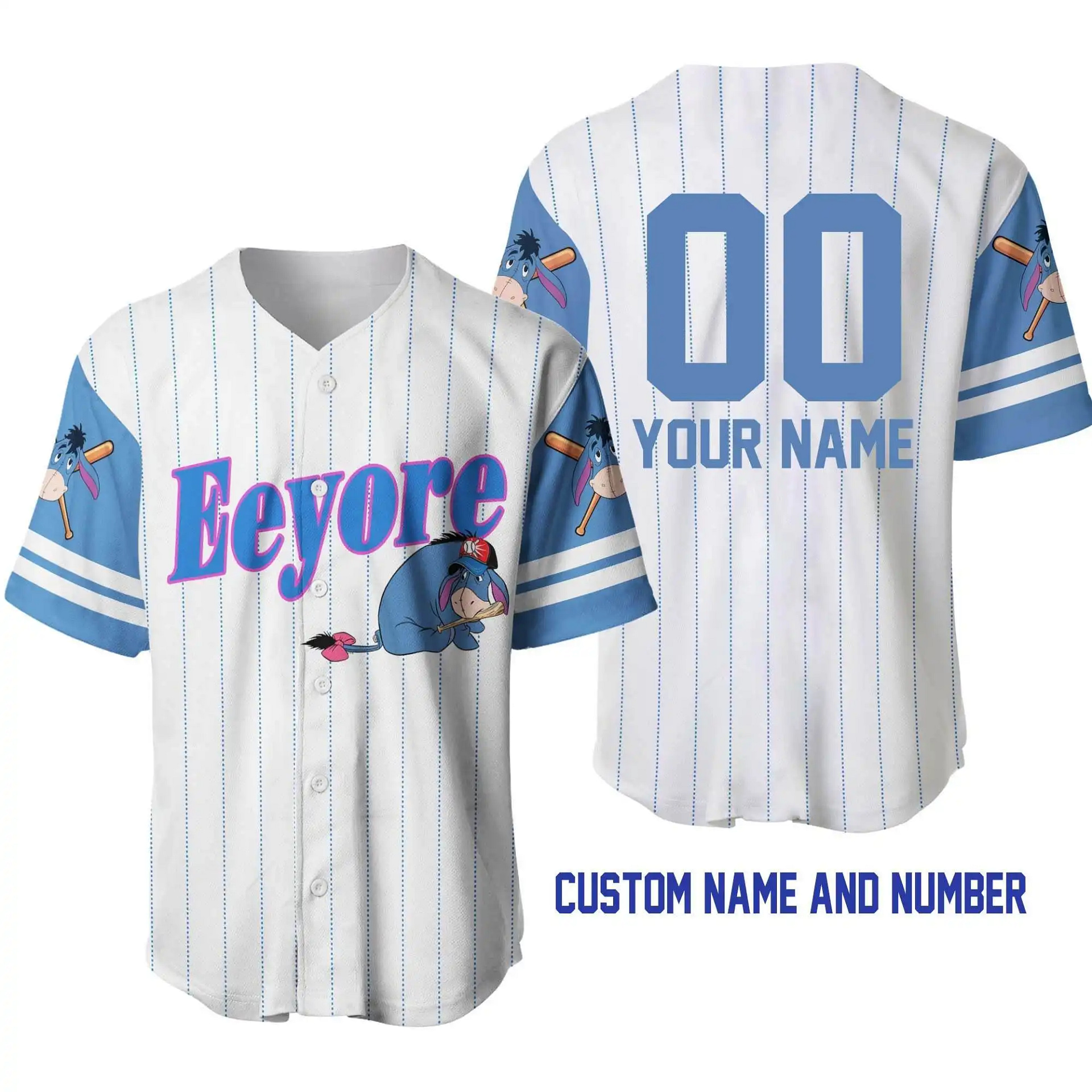 Eeyore Donkey White Blue Disney Unisex Cartoon Graphic Casual Outfits Custom Personalized Men Women Baseball Jersey