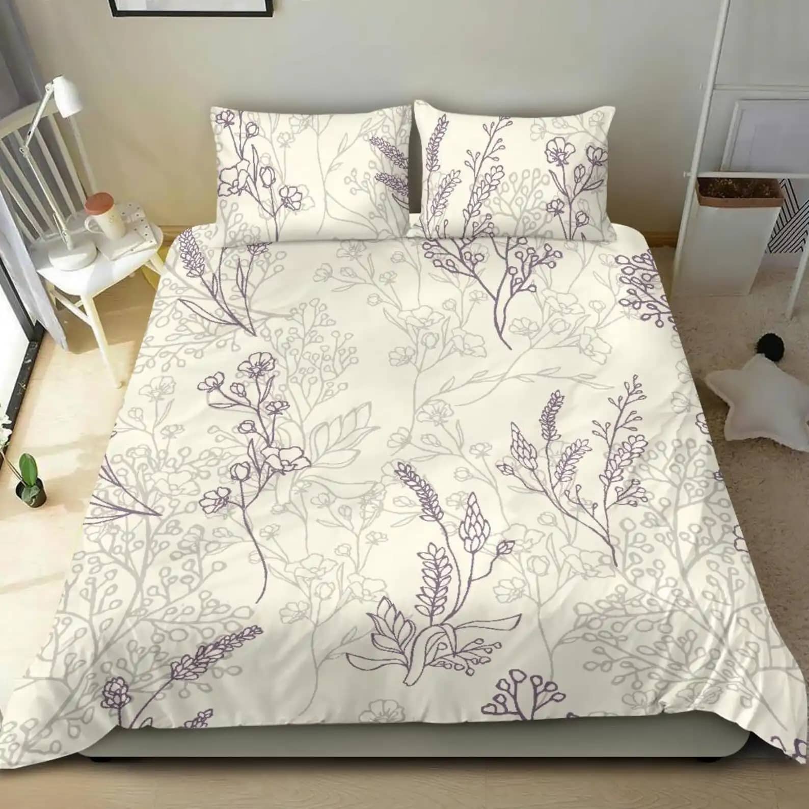 Elegant White Beddingsset With Purple And Grey Flower Bouquet Quilt Bedding Sets