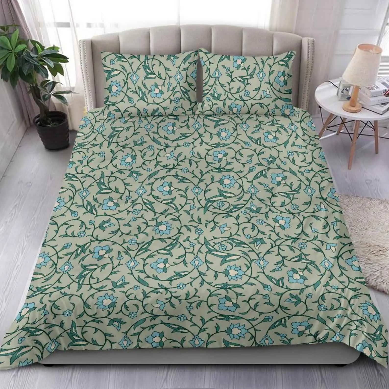 Fancy Green And Blue Floral Vines Ornamental Vintage Flower Quilt Bedding Sets