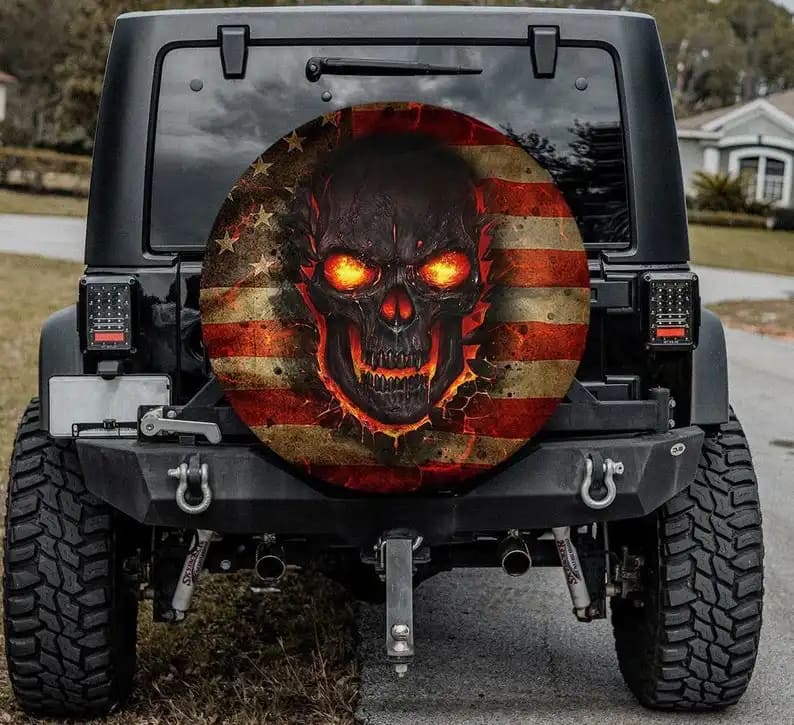 Fire Skull Custom American Flag Tire Cover