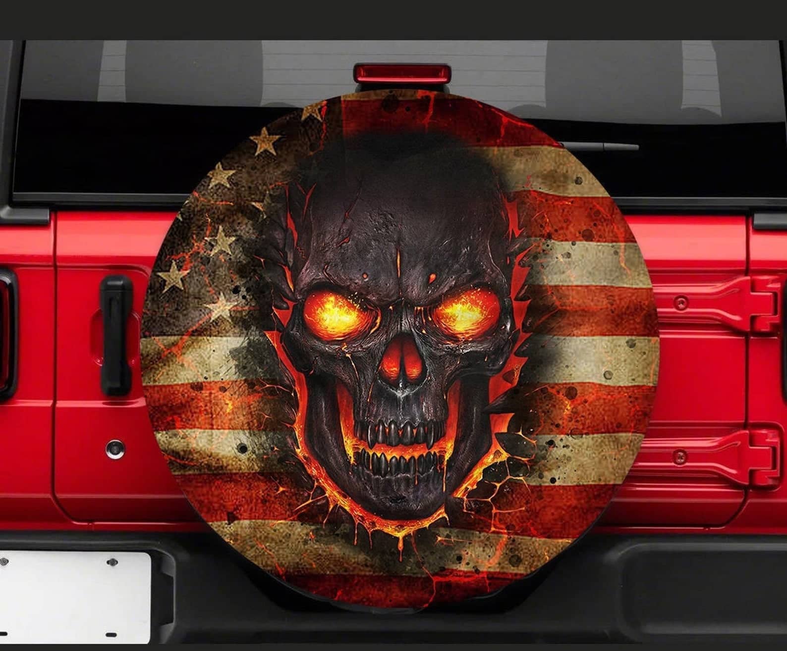 Inktee Store - Fire Skull Custom American Flag Tire Cover Image