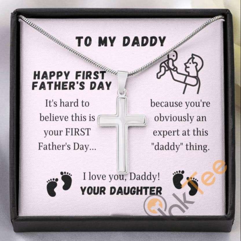 First Father'S Day Gift Engraved Daughter For New Dad Present Men Cross Necklace Personalized Gifts