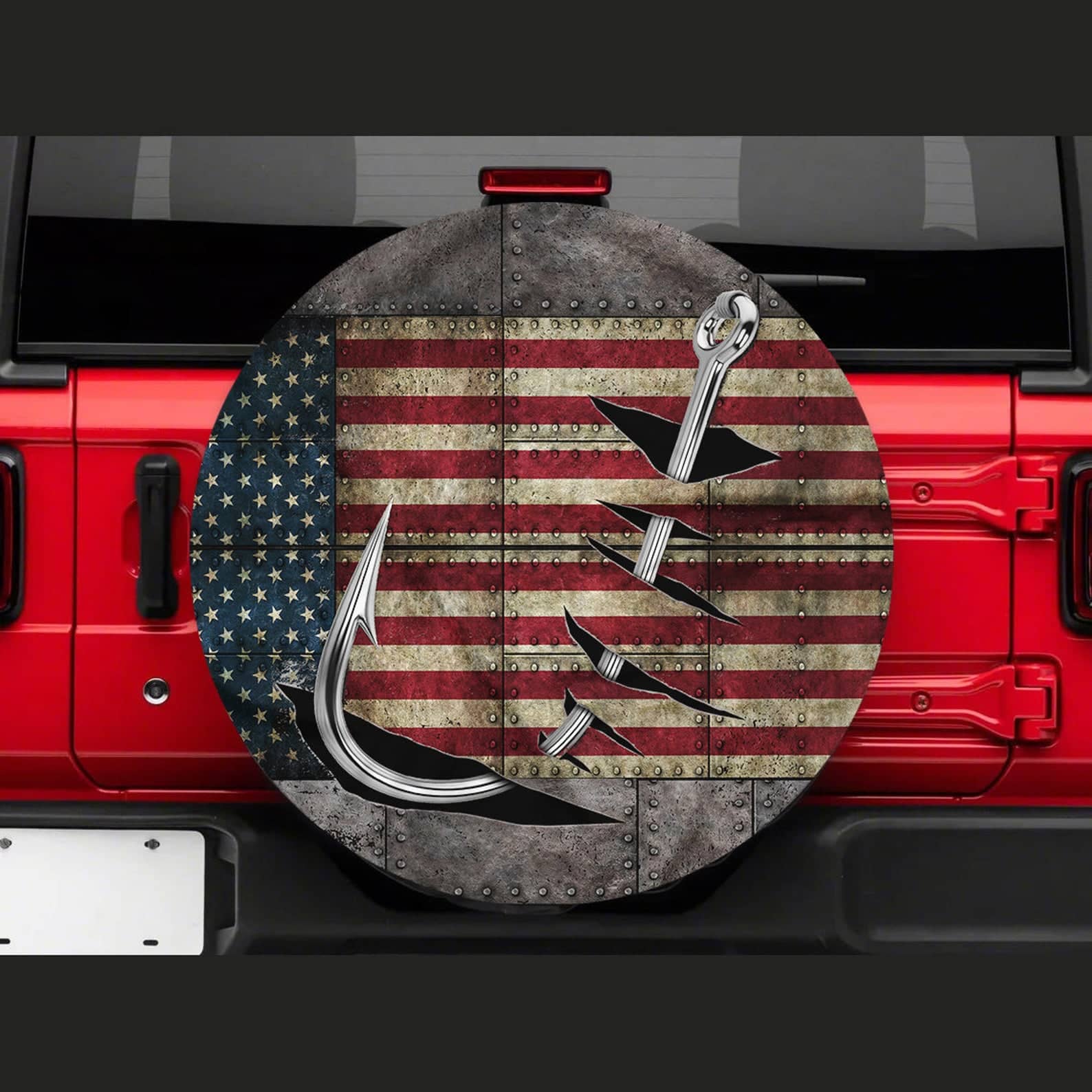 Inktee Store - Fishing Hook American Flag Tire Cover Image