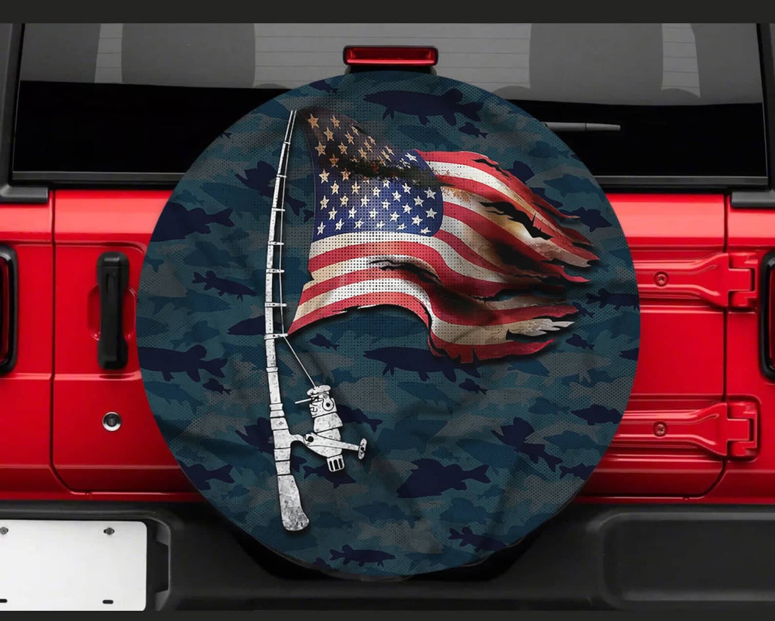 Inktee Store - Fishing Rod American Flag Tire Cover Image