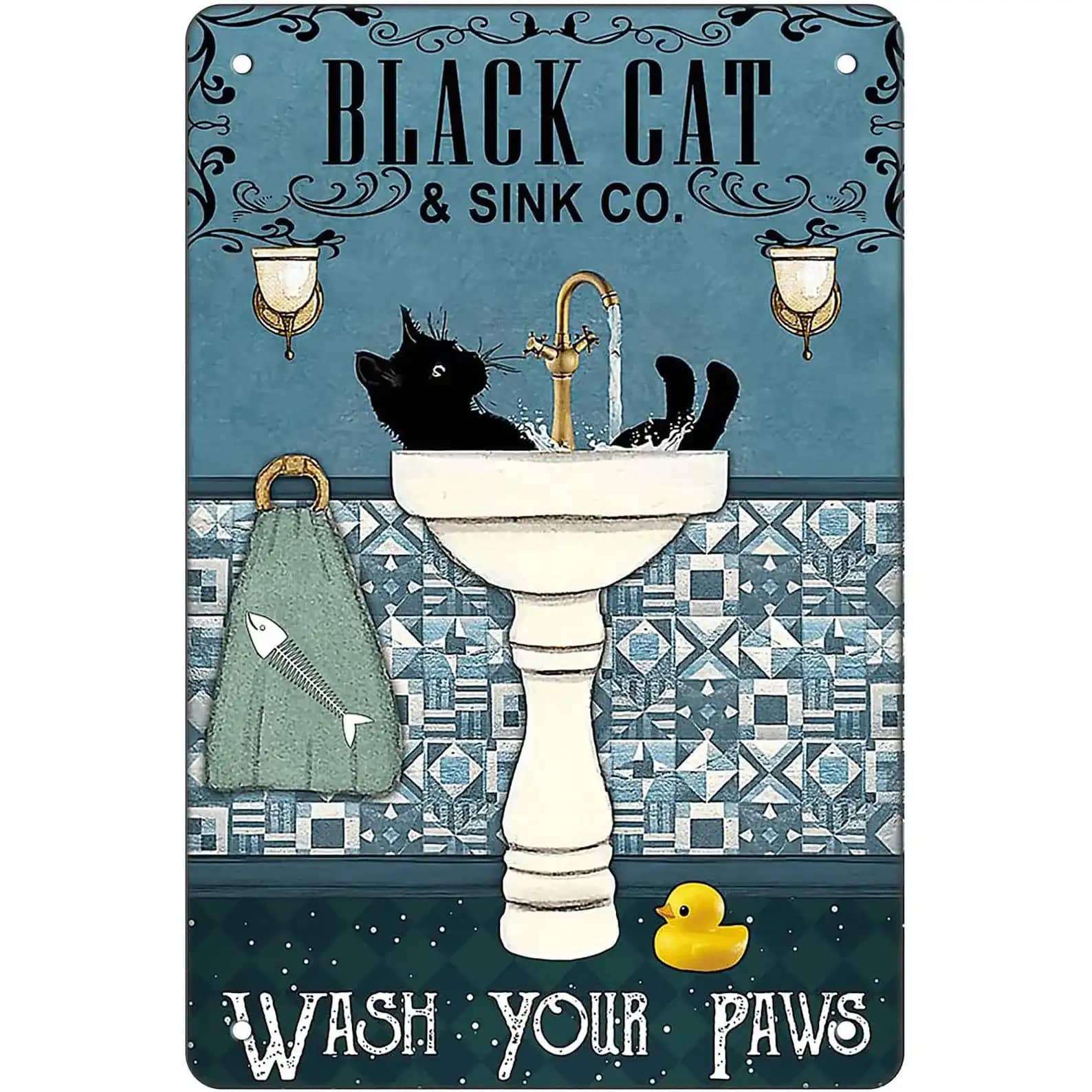 Funny Bathroom Retro Black Cat Decor Gifts For Cat Lovers Metal Sign