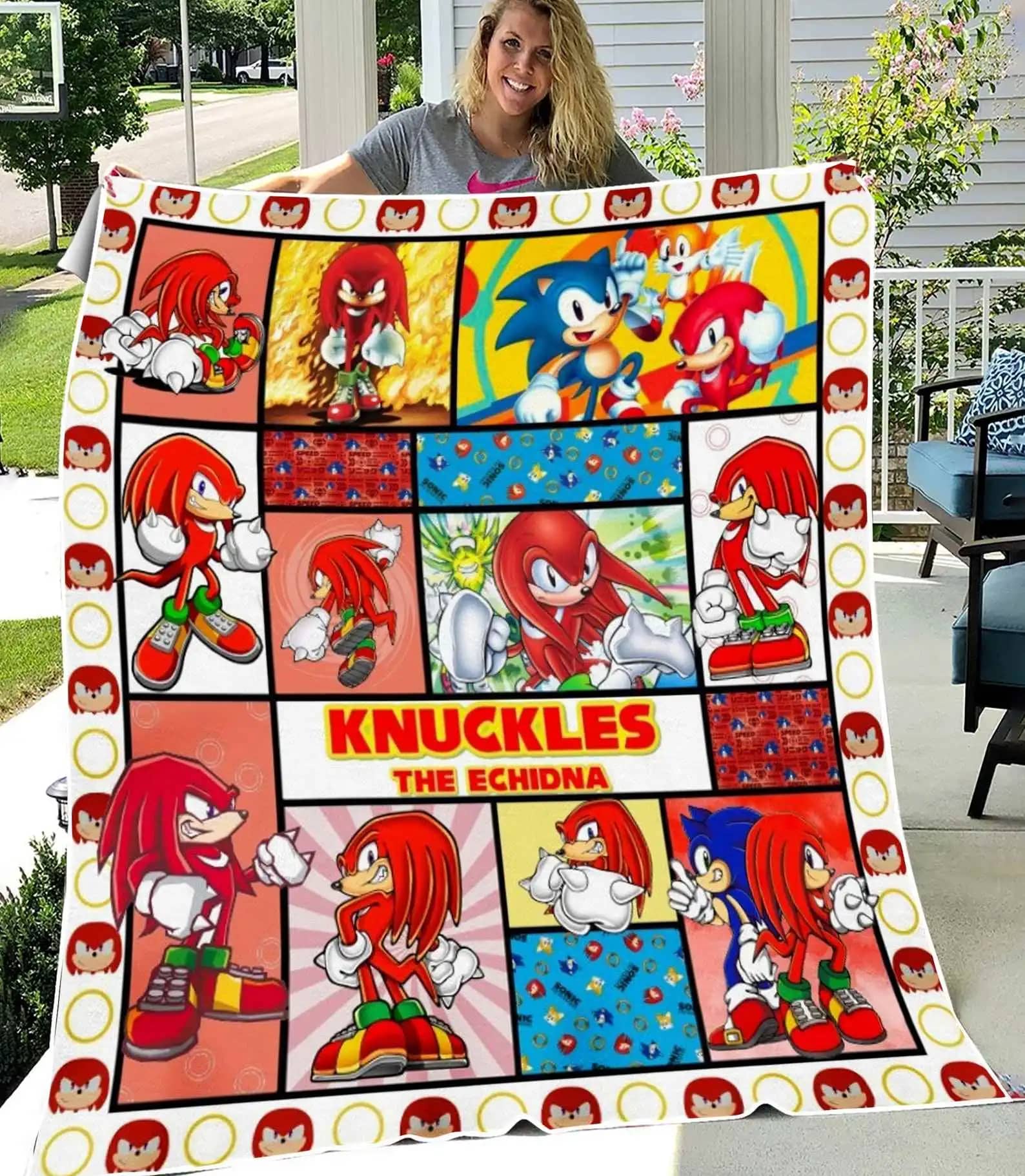 Funny Knuckles And Sonic Blanket Gift For Fans Cartoon Movie Quilt