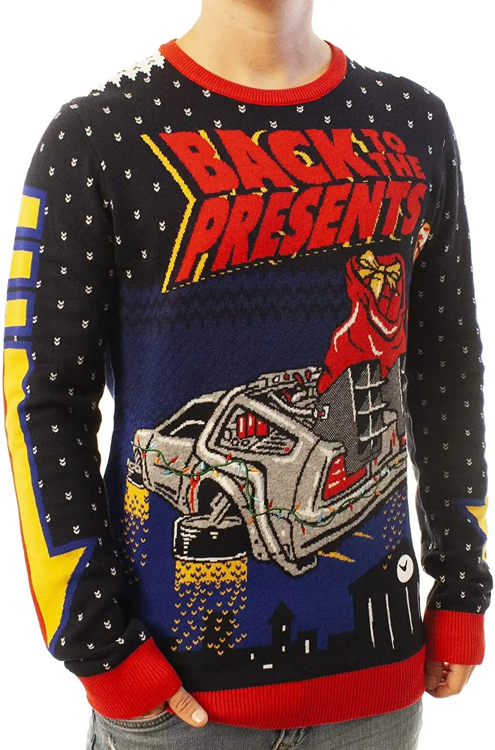 Funny Santa Back To The Presents Navy Ugly Sweater