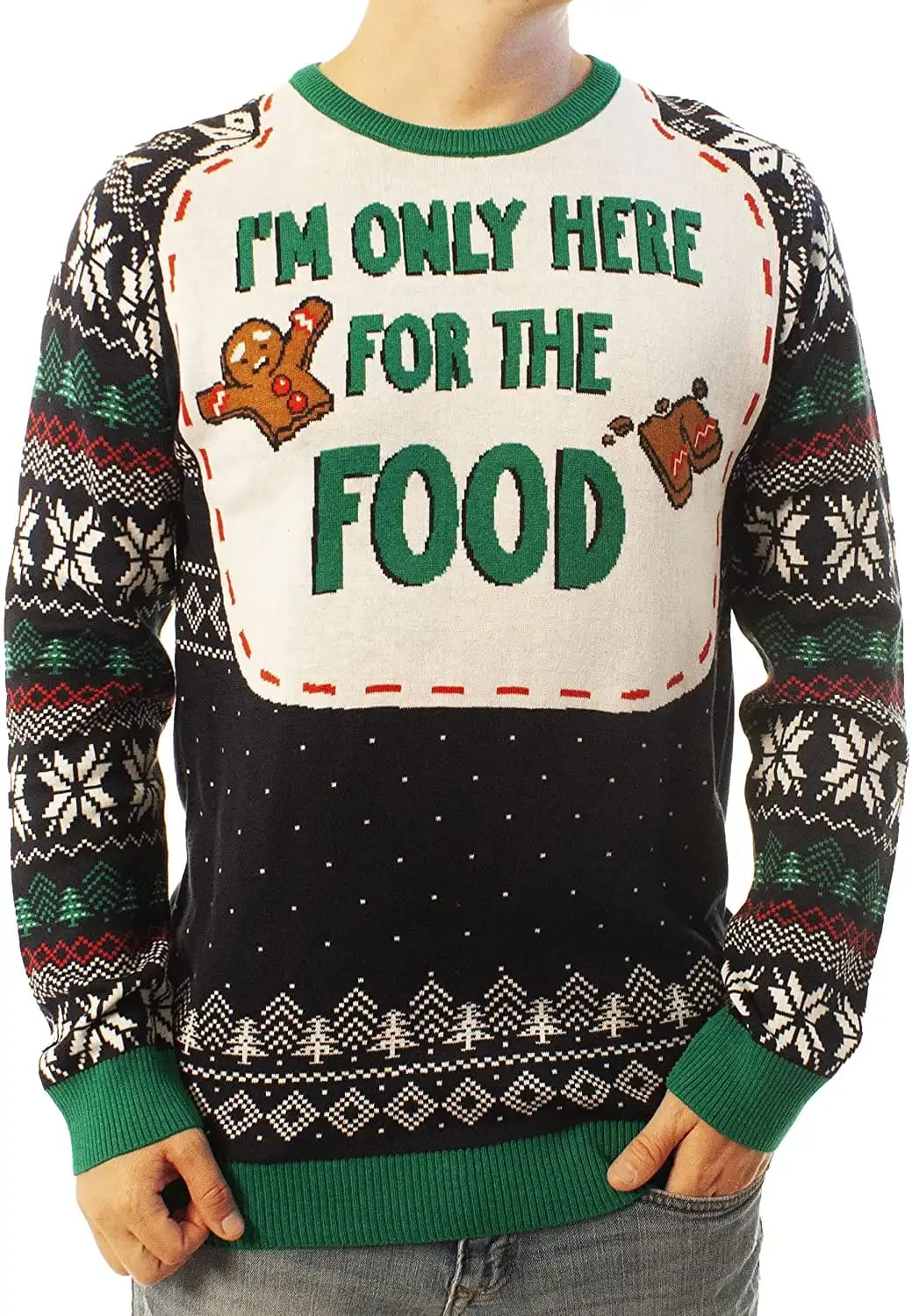 Funny Santa Here For The Food Navy Ugly Sweater