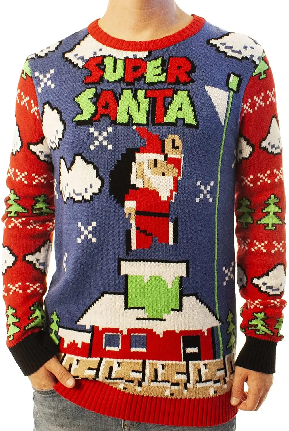 Funny Santa Super Santa Blue Ugly Sweater