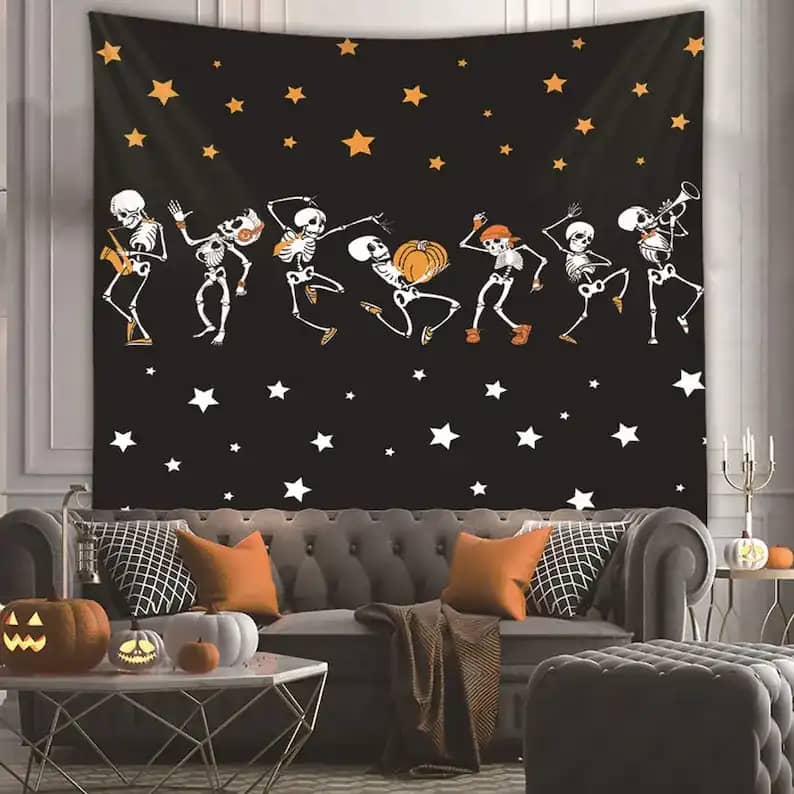 Funny Skull Dancing Pumpkin Trumpet Saxophone Talent Wall Art Decor Halloween Gifts Tapestry