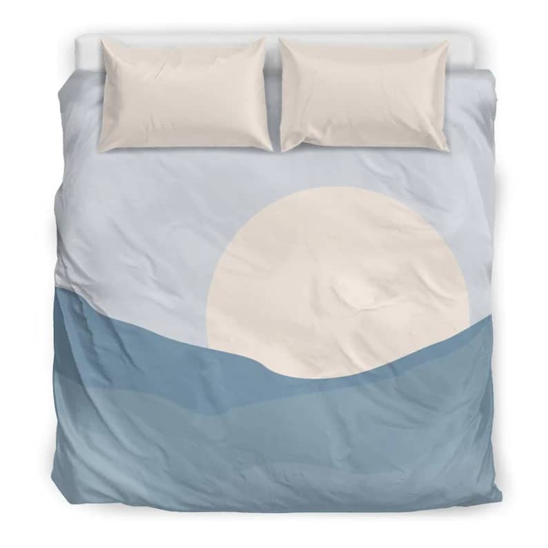 Inktee Store - Geometric Blue Night At The Ocean With Full Moon And Mountain Landscape Quilt Bedding Sets Image