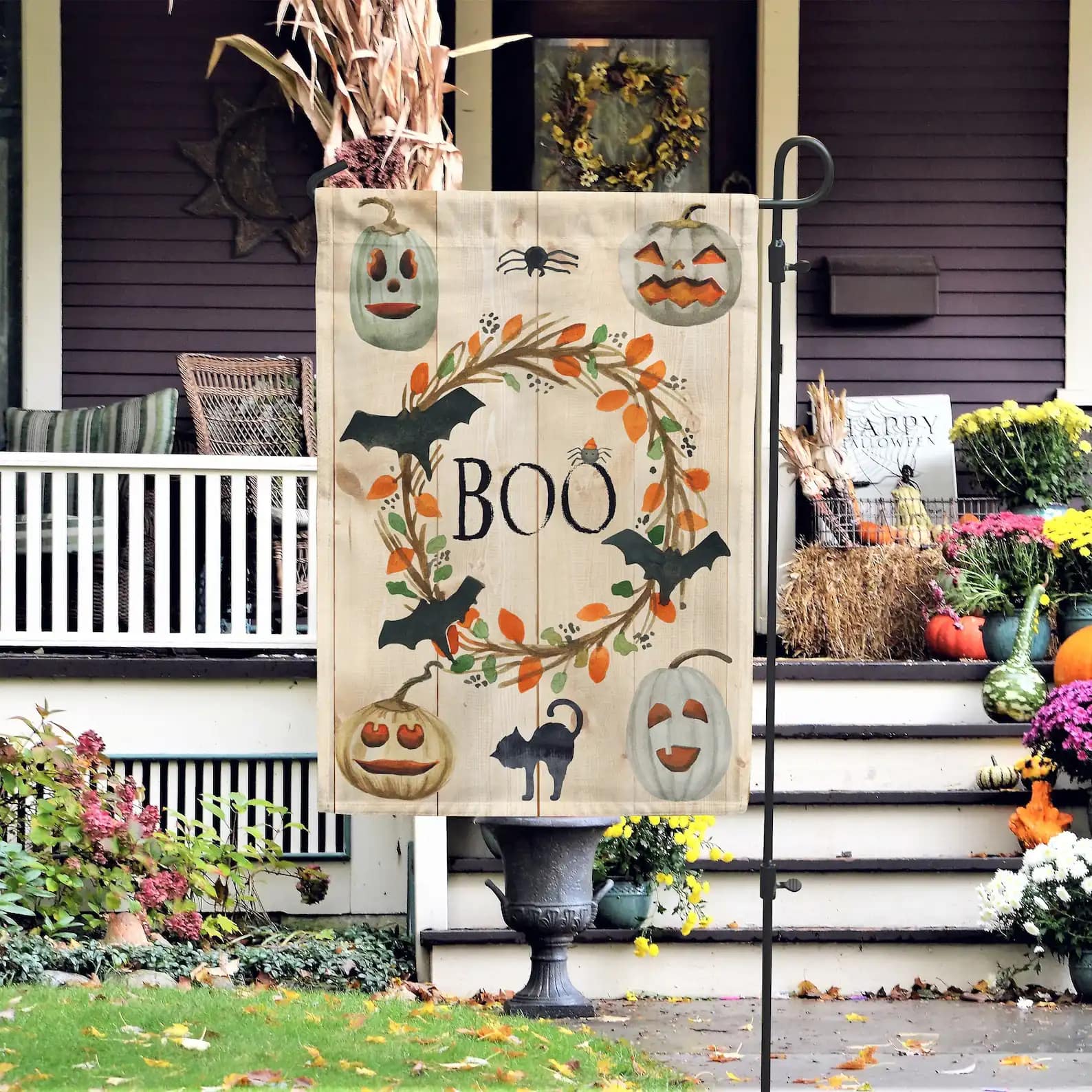 Ghosts And Goblins And Jack-O-Lanterns At Night Happy Halloween Decoration Garden Flag