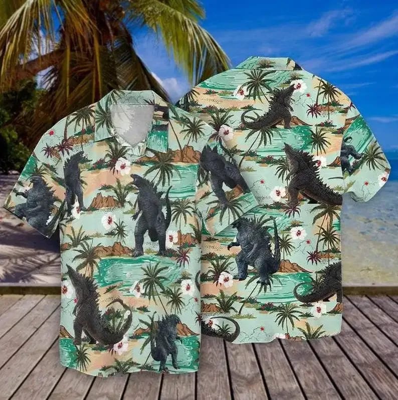 Godzilla Japanese Monster Coconut Tree Pattern Summer Vacation Hawaiian Shirts