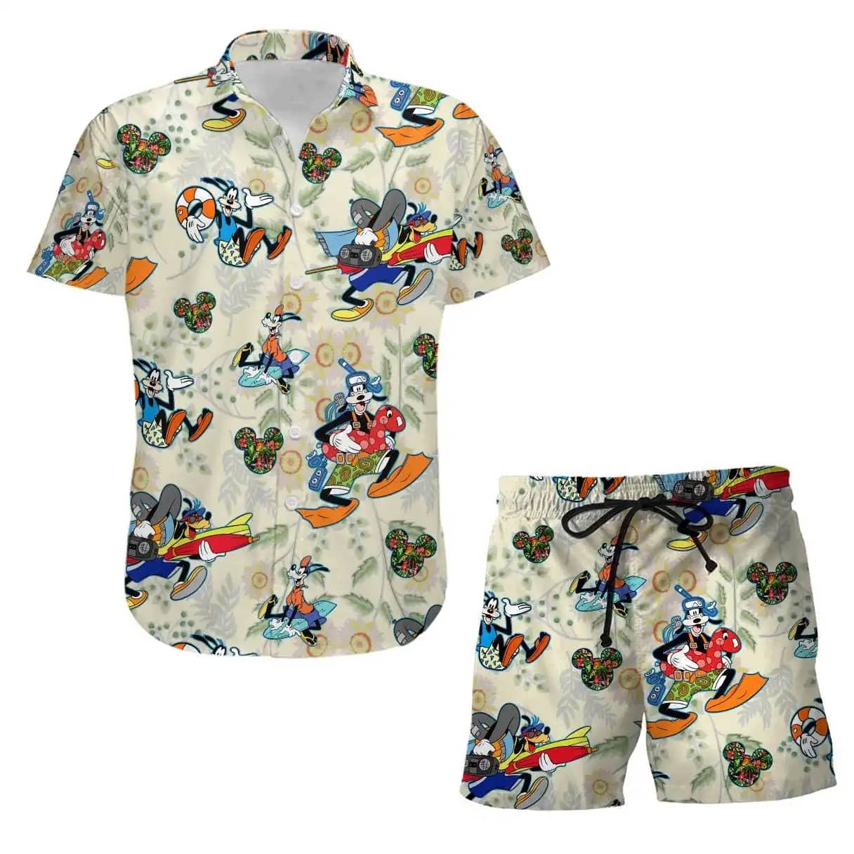 Goofy Dog Surf Snorkel Disney Summer Tropical Print Vacation Shorts Set Unisex Cartoon Graphic Outfits Men Women Hawaiian Shirts