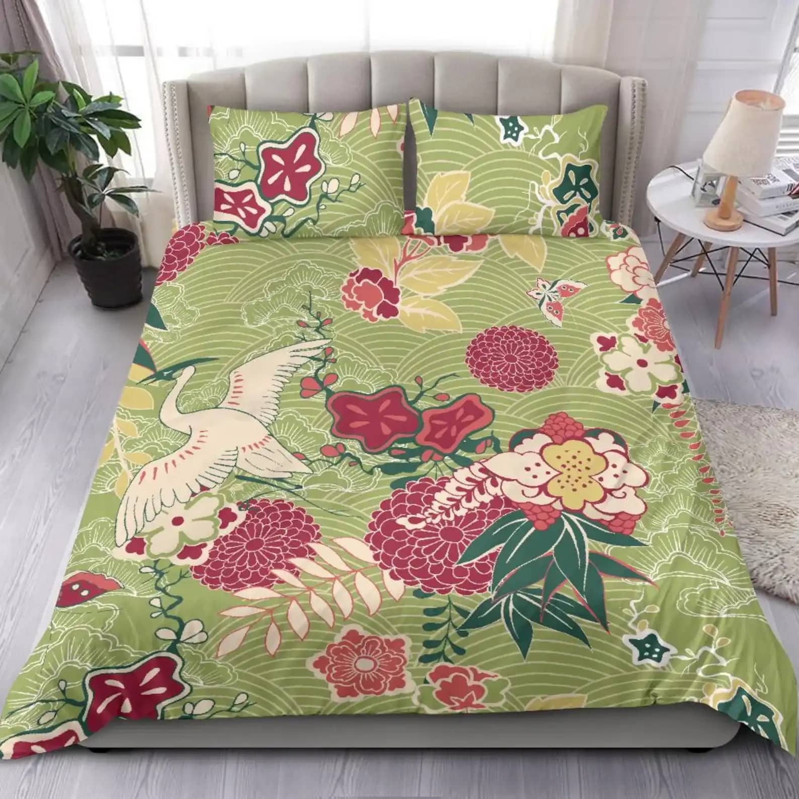 Green Oriental Japanese Kimono Style Quilt Bedding Sets